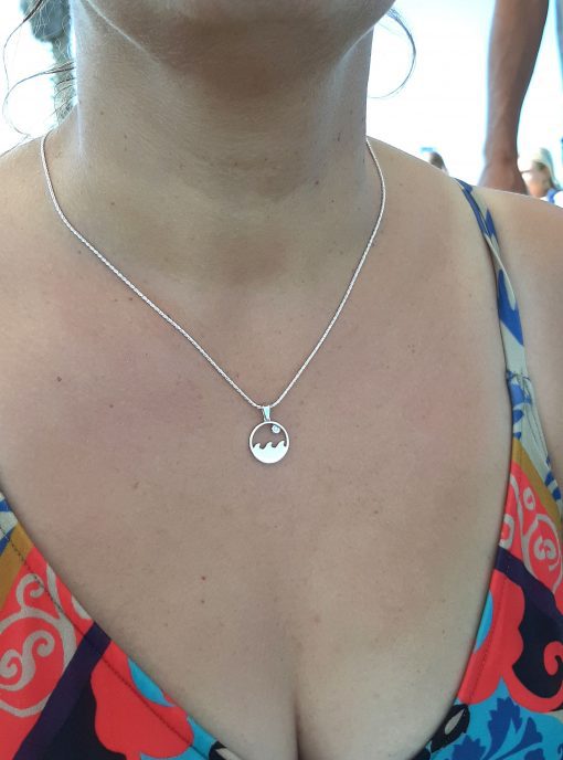 Silver Wave And Sun Necklace, Surfers Swell Necklace