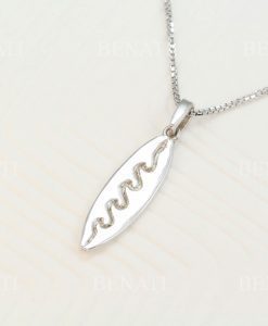 14k Surfboard Pendant With Waves, Surfer Necklace In Silver