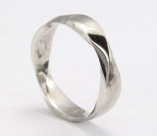 5mm Mobius Mens Wedding Ring In 14k White Gold, Hammered Wide Wedding Band