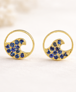 14k Gold Wave Sapphire Earrings, Surf Stud Earrings