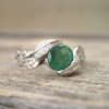 Platinum Natural Emerald Leaves Engagement Ring, Leaf Ring
