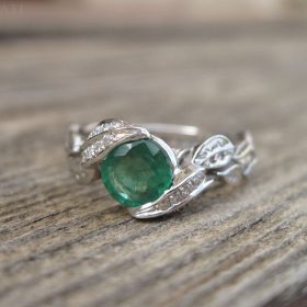 Platinum Natural Emerald Leaves Engagement Ring, Leaf Ring
