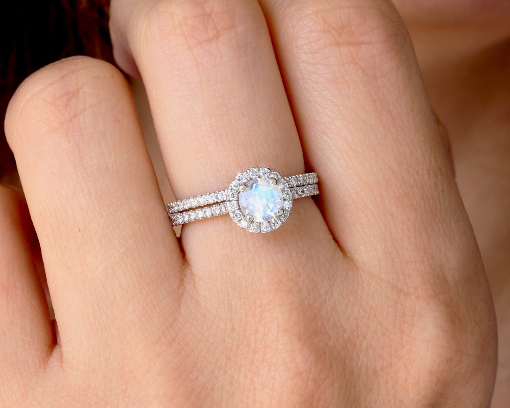 Set Diamond Halo Rainbow Moonstone Engagement Ring, Wedding Ring Set