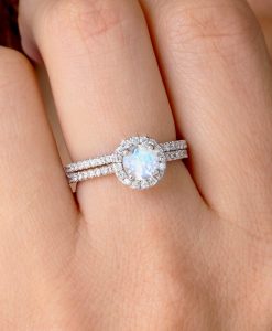 Set Diamond Halo Rainbow Moonstone Engagement Ring, Wedding Ring Set - Image 12