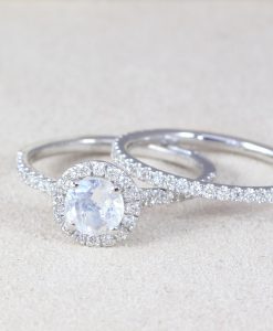 Set Diamond Halo Rainbow Moonstone Engagement Ring, Wedding Ring Set - Image 13