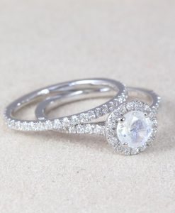 Set Diamond Halo Rainbow Moonstone Engagement Ring, Wedding Ring Set - Image 14