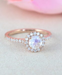 Set Diamond Halo Rainbow Moonstone Engagement Ring, Wedding Ring Set - Image 15