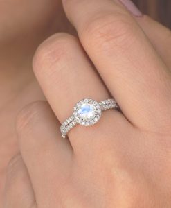 Set Diamond Halo Rainbow Moonstone Engagement Ring, Wedding Ring Set - Image 18