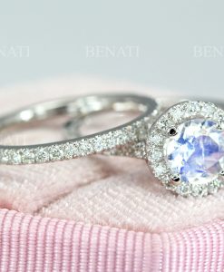 Set Diamond Halo Rainbow Moonstone Engagement Ring, Wedding Ring Set - Image 19