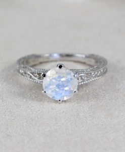 Vintage Rainbow Moonstone Scroll Filigree Ring 14k White gold, Moonstone Engagement Ring Antique Style 2 Carat Gemstone Christmas Promise - Image 8