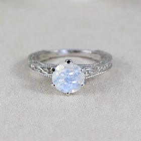 Vintage Rainbow Moonstone Scroll Filigree Ring 14k White gold, Moonstone Engagement Ring Antique Style 2 Carat Gemstone Christmas Promise