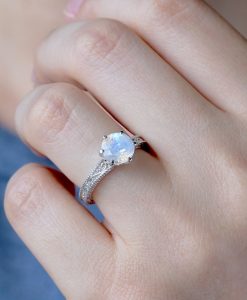 Vintage Rainbow Moonstone Scroll Filigree Ring 14k White gold, Moonstone Engagement Ring Antique Style 2 Carat Gemstone Christmas Promise - Image 9