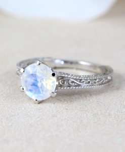 Vintage Rainbow Moonstone Scroll Filigree Ring 14k White gold, Moonstone Engagement Ring Antique Style 2 Carat Gemstone Christmas Promise - Image 10