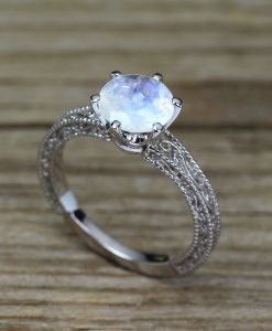 Vintage Rainbow Moonstone Scroll Filigree Ring 14k White gold, Moonstone Engagement Ring Antique Style 2 Carat Gemstone Christmas Promise - Image 12