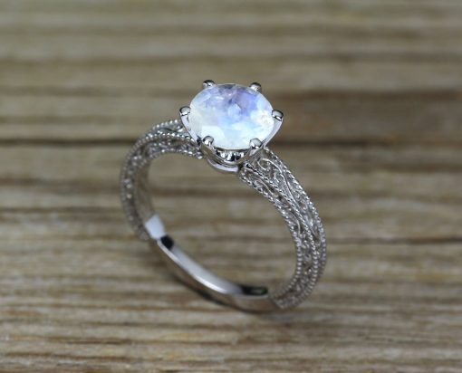 Vintage Rainbow Moonstone Scroll Filigree Ring 14k White gold, Moonstone Engagement Ring Antique Style 2 Carat Gemstone Christmas Promise