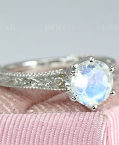 Vintage Rainbow Moonstone Scroll Filigree Ring 14k White gold, Moonstone Engagement Ring Antique Style 2 Carat Gemstone Christmas Promise - Image 16