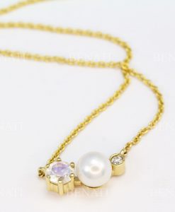 Solid Gold Three Stone Necklace, Classic Trio Diamond Necklace - Image 2