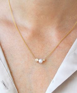 Solid Gold Three Stone Necklace, Classic Trio Diamond Necklace - Image 3