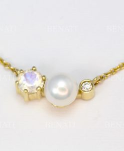 Solid Gold Three Stone Necklace, Classic Trio Diamond Necklace - Image 4