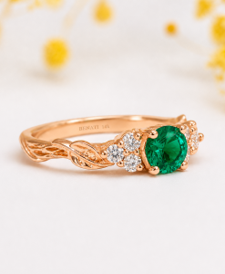 Vintage Green Emerald Engagement Ring, Diamond And Emerald Wedding Ring