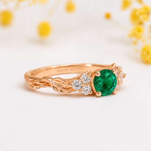 Vintage Green Emerald Engagement Ring, Diamond And Emerald Wedding Ring