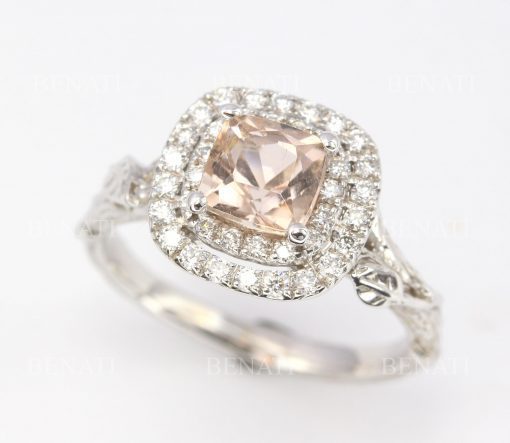 Morganite Engagement Ring, Leaf Art Deco Morganite Ring