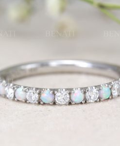 White Opal Diamond Wedding Band, Alternating Opal Eternity Band - Image 2