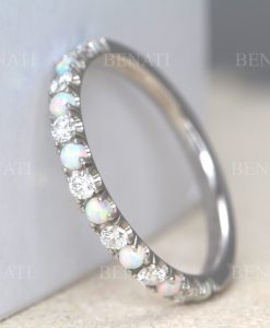 White Opal Diamond Wedding Band, Alternating Opal Eternity Band - Image 4