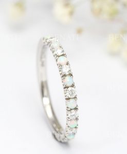 White Opal Diamond Wedding Band, Alternating Opal Eternity Band - Image 6