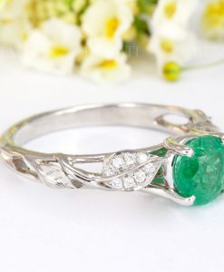 Solid gold leaf emerald engagement ring, 1 CT Antique white gold leaf ring - Image 2