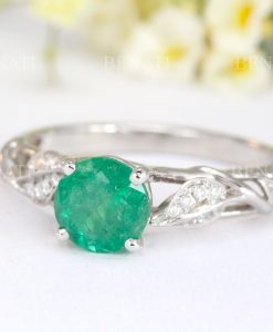 Solid gold leaf emerald engagement ring, 1 CT Antique white gold leaf ring - Image 3