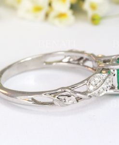 Solid gold leaf emerald engagement ring, 1 CT Antique white gold leaf ring - Image 4