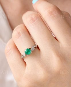 Solid gold leaf emerald engagement ring, 1 CT Antique white gold leaf ring - Image 5