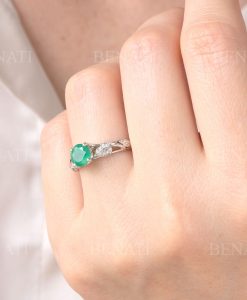 Solid gold leaf emerald engagement ring, 1 CT Antique white gold leaf ring - Image 6