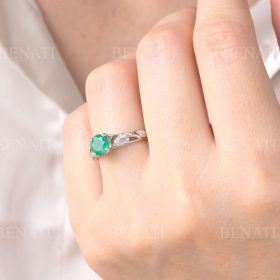Solid gold leaf emerald engagement ring, 1 CT Antique white gold leaf ring