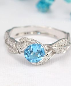 Blue topaz engagement ring, Leaves gemstone ring - Image 2