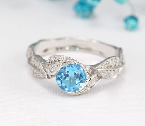 Blue topaz engagement ring, Leaves gemstone ring