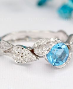 Blue topaz engagement ring, Leaves gemstone ring - Image 4