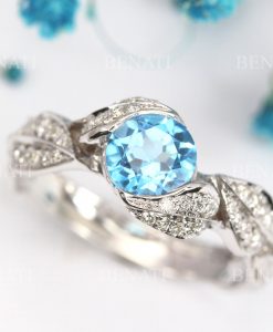 Blue topaz engagement ring, Leaves gemstone ring - Image 5