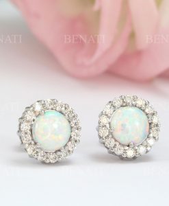 White Opal Vintage Studs Earrings, Halo opal and moissanite 14k Gemstone Earrings - Image 2