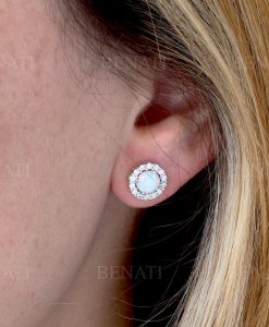 White Opal Vintage Studs Earrings, Halo opal and moissanite 14k Gemstone Earrings - Image 3