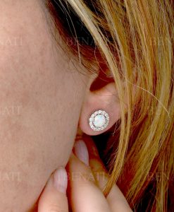 White Opal Vintage Studs Earrings, Halo opal and moissanite 14k Gemstone Earrings - Image 4