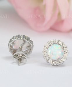 White Opal Vintage Studs Earrings, Halo opal and moissanite 14k Gemstone Earrings - Image 5