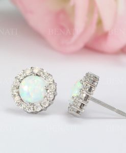 White Opal Vintage Studs Earrings, Halo opal and moissanite 14k Gemstone Earrings - Image 6