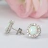 White Opal Vintage Studs Earrings, Halo opal and moissanite 14k Gemstone Earrings