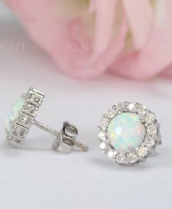 White Opal Vintage Studs Earrings, Halo opal and moissanite 14k Gemstone Earrings - Image 7