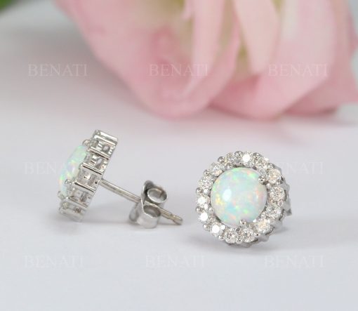 White Opal Vintage Studs Earrings, Halo opal and moissanite 14k Gemstone Earrings