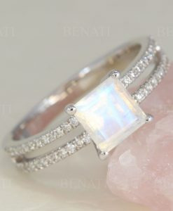 Princess Cut Moonstone Engagement Ring, Vintage Unique Ring - Image 5