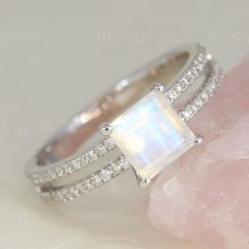 Princess Cut Moonstone Engagement Ring, Vintage Unique Ring