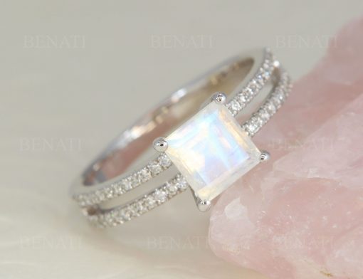 Princess Cut Moonstone Engagement Ring, Vintage Unique Ring
